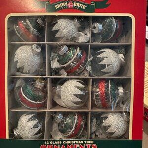 Christopher Radko Shiny Brite Glass Striped Ornaments Vintage Style Set of 12